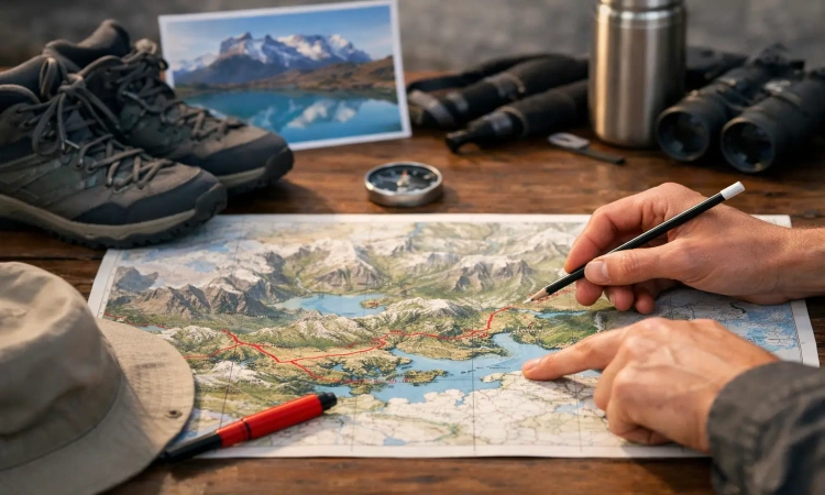 W Trek itinerary map in Torres del Paine