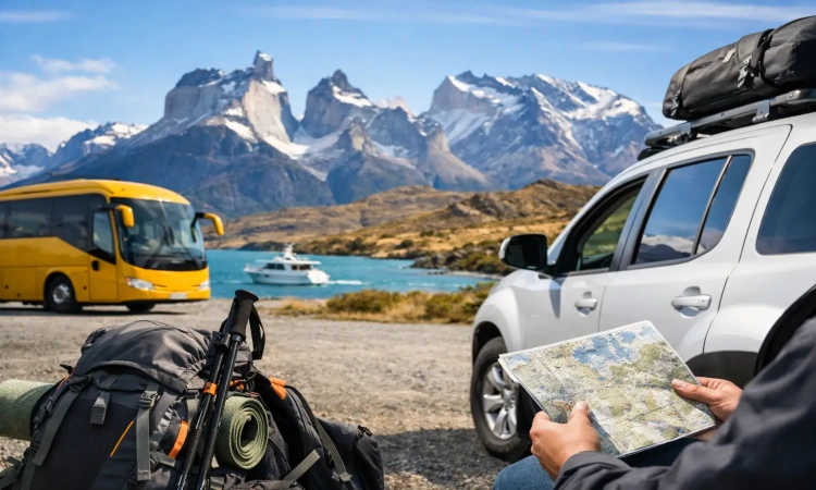 Bus and catamaran in Torres del Paine, Patagonia