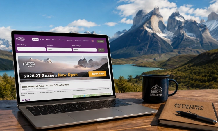 Booking Patagonia homepage featuring Torres del Paine with the 2026–27 Season Now Open banner and real-time W Trek & O Circuit reservations in Chilean Patagonia.